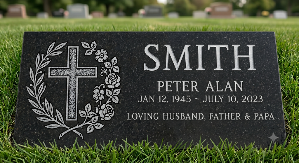 Gravestone with engraved cross and floral design 