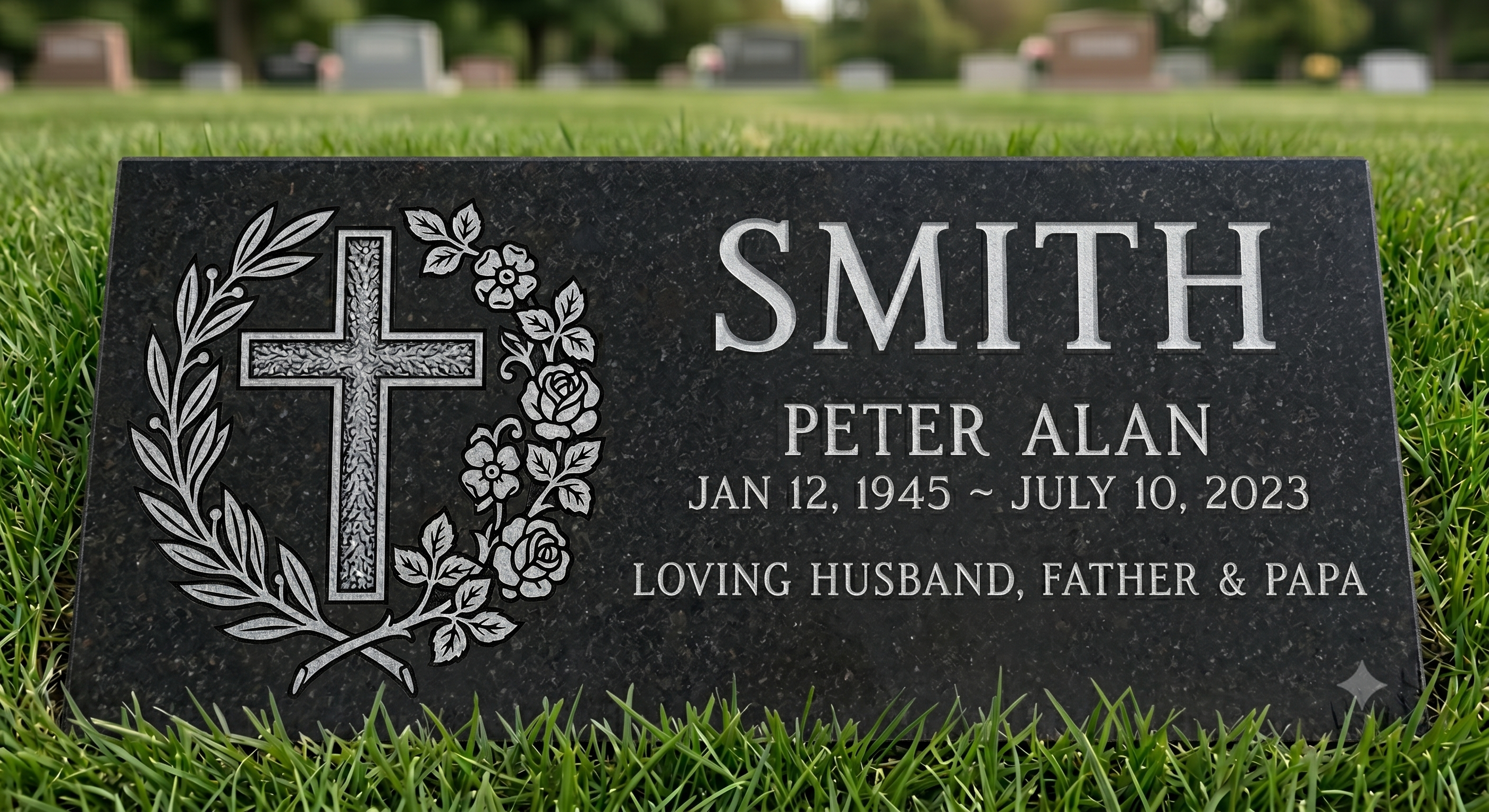 Gravestone with engraved cross and floral design 