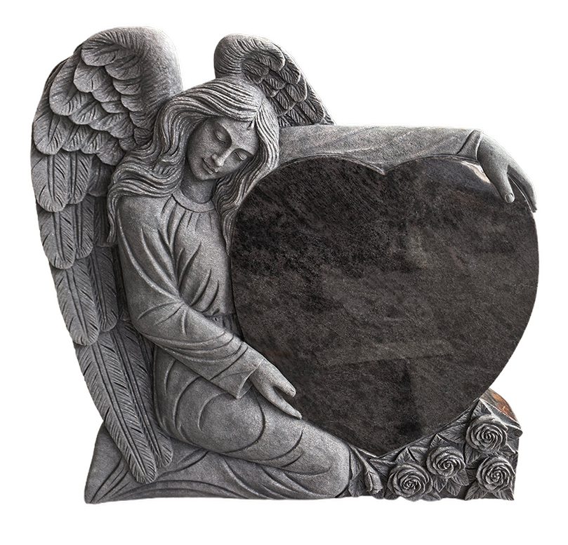 Hand-Carved Granite Angel Hugging Heart Headstone