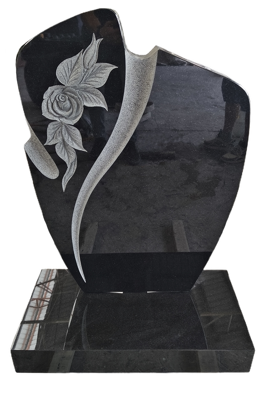 Asymmetric Granite Cemetery Monument with Sculpted Ribbon & Floral Accent