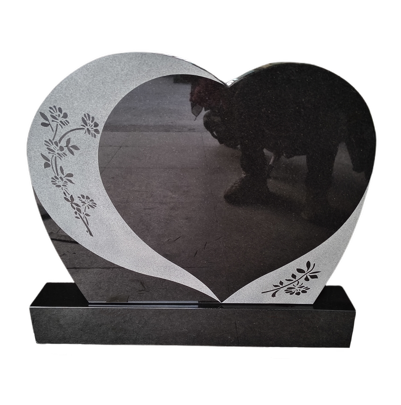 Sandblasted Double Heart & Floral Granite Headstone